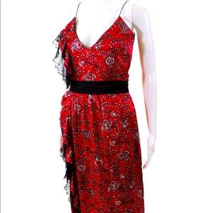 Cinq à Sept Red Black Silk Midi Lace Trim Dress